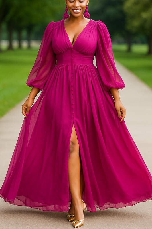 Elegant Puff Sleeve Chiffon Slit Maxi Dress