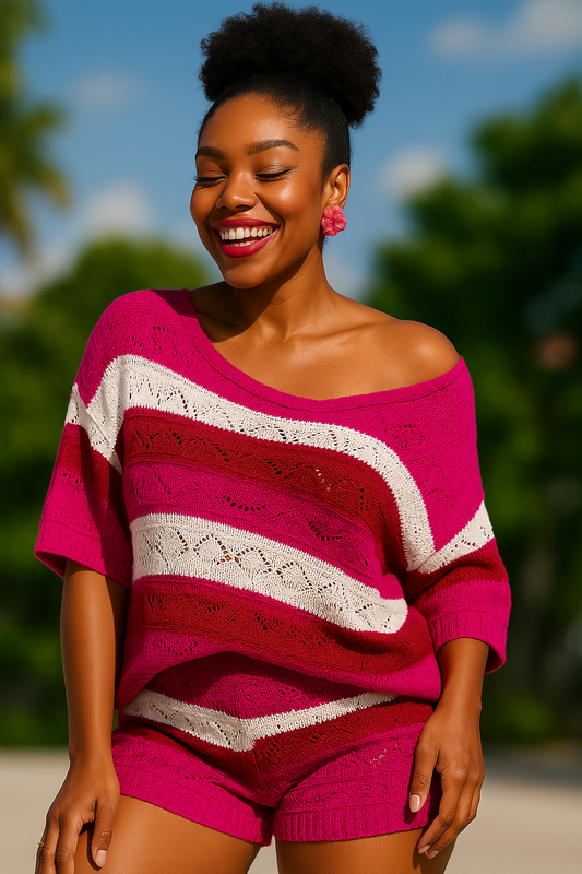 Summer Women Stripe Knitwear High Waist Set