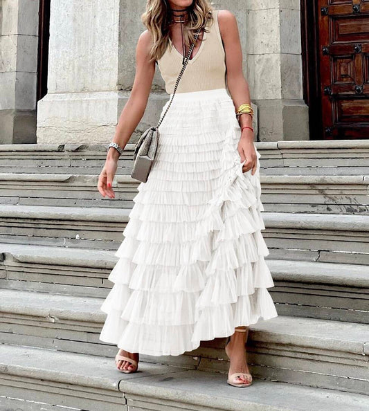Multilayered Ruffle Mesh Long Skirt