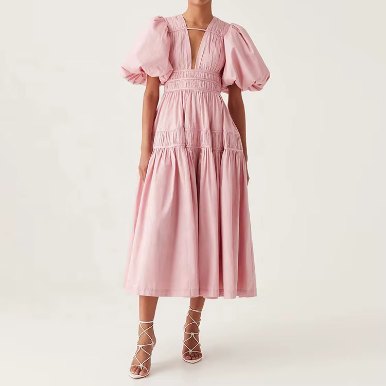 Puff Sleeve Deep V Neck Fitted Waist Ruched Midi Dress