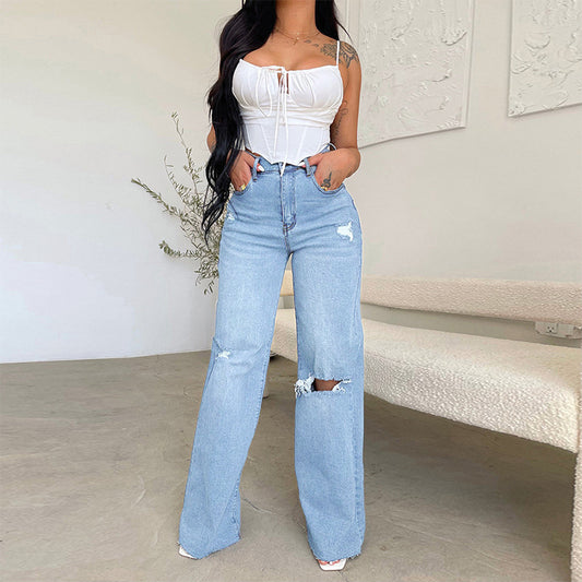 Non-Stretch Wide-Leg Ripped Jeans
