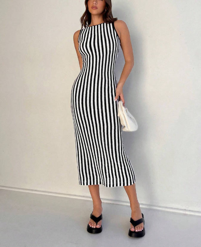 Striped Backless Knit Bodycon Maxi Dress