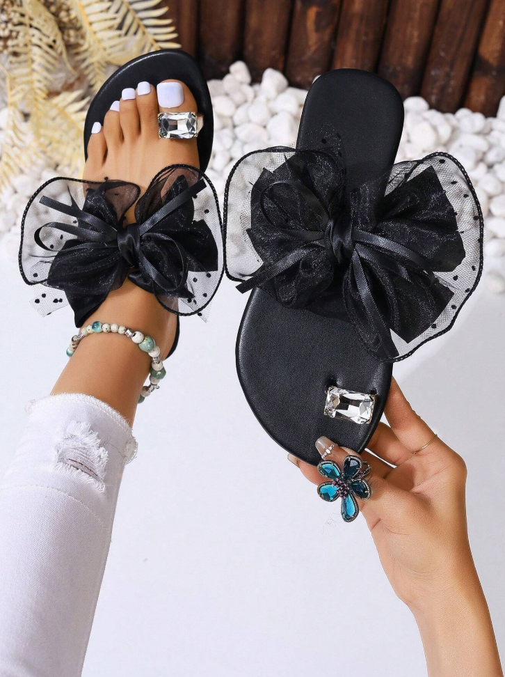Bow and Gemstone Thong Flat Sandals