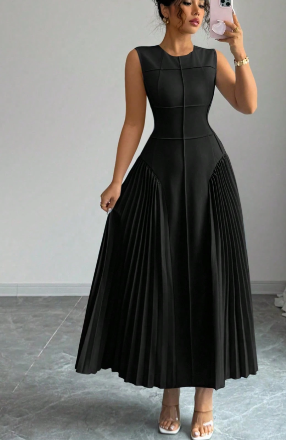 Pleated Patchwork Structured Maxi Dress