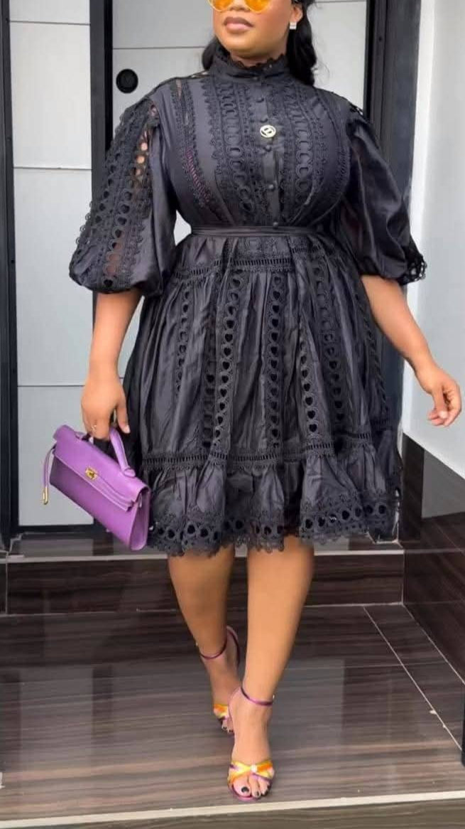 Embroidered Stand Collar Lace Hollow Dress