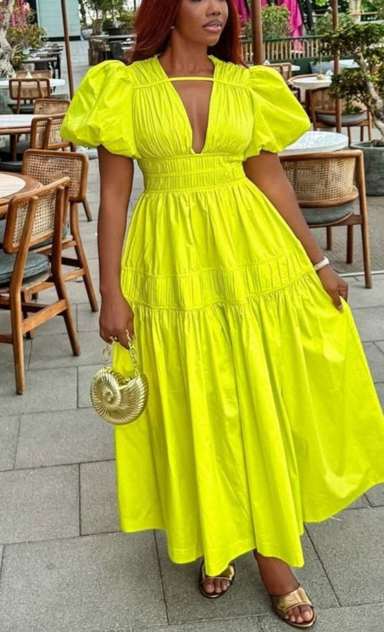 Puff Sleeve Deep V Neck Fitted Waist Ruched Midi Dress