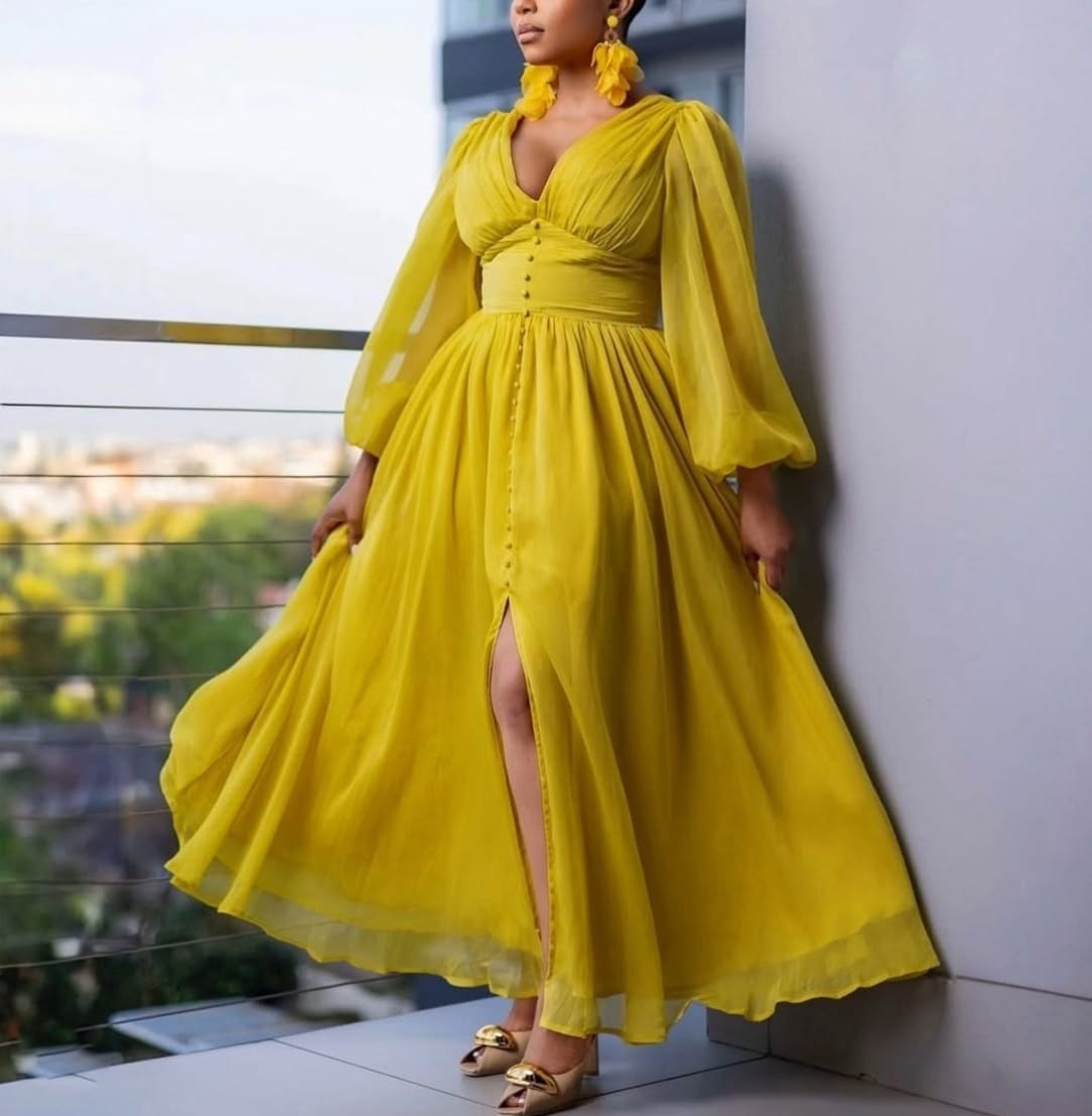 Elegant Puff Sleeve Chiffon Slit Maxi Dress