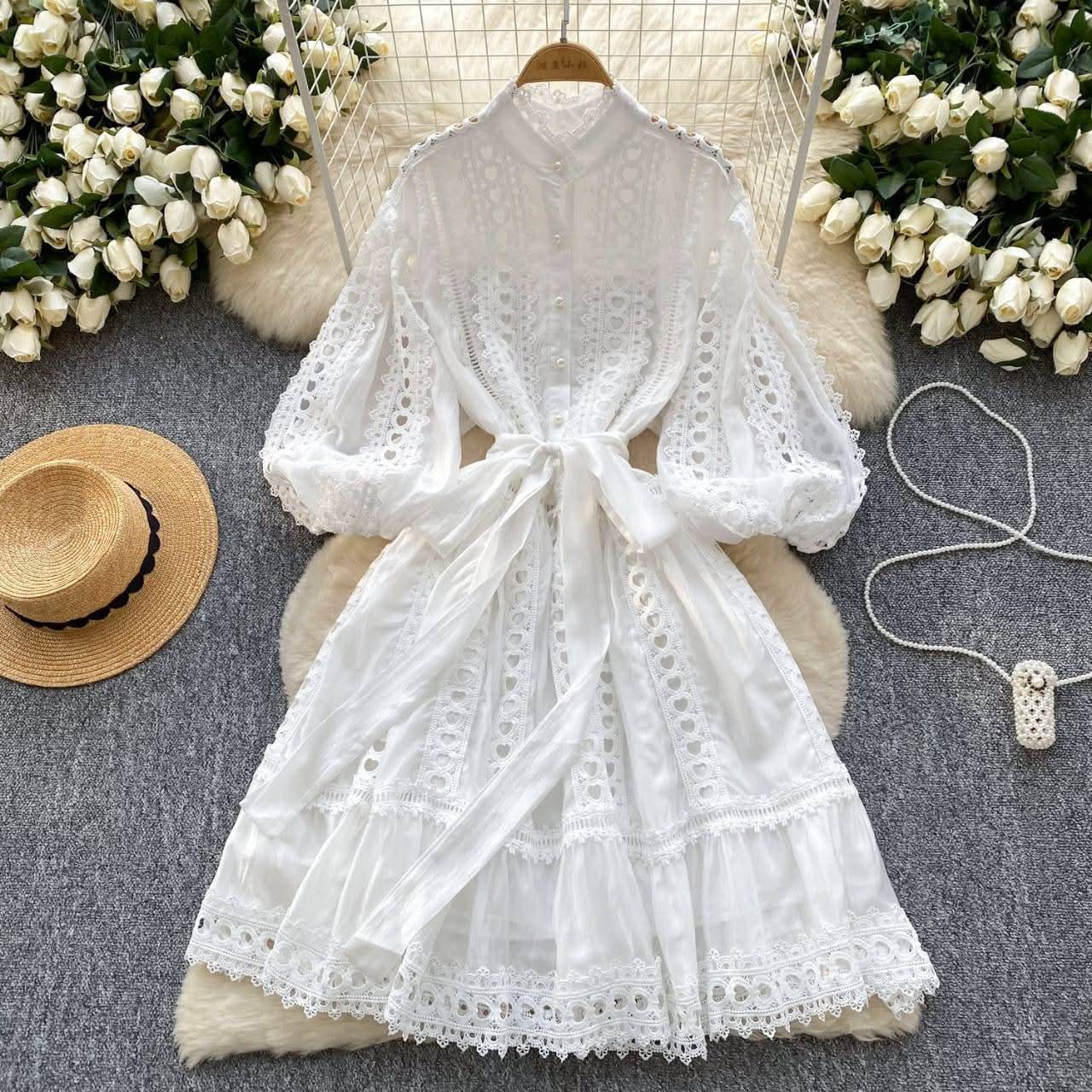 Embroidered Stand Collar Lace Hollow Dress