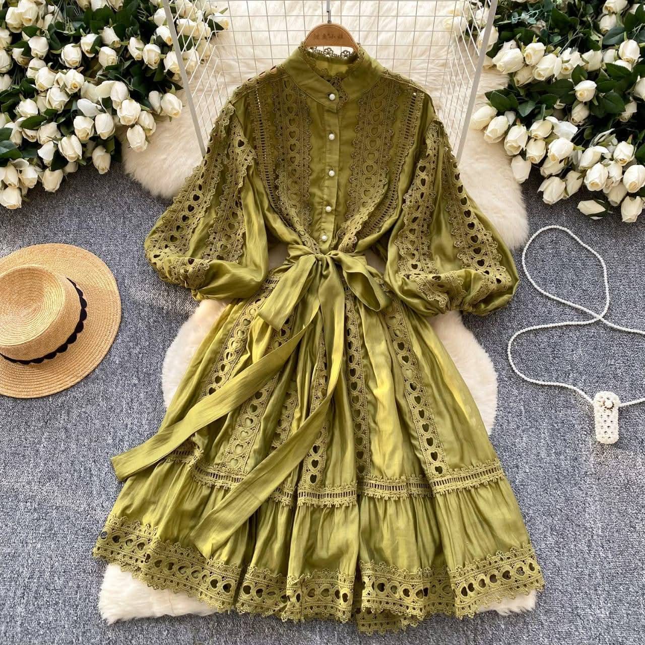 Embroidered Stand Collar Lace Hollow Dress