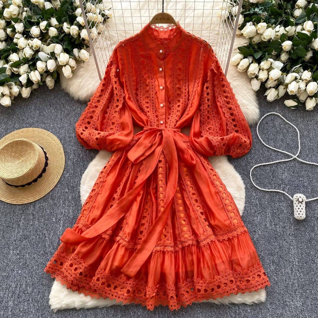Embroidered Stand Collar Lace Hollow Dress