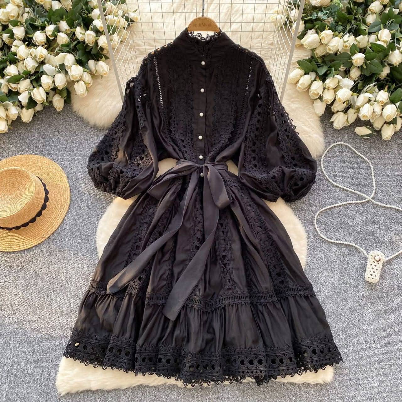 Embroidered Stand Collar Lace Hollow Dress