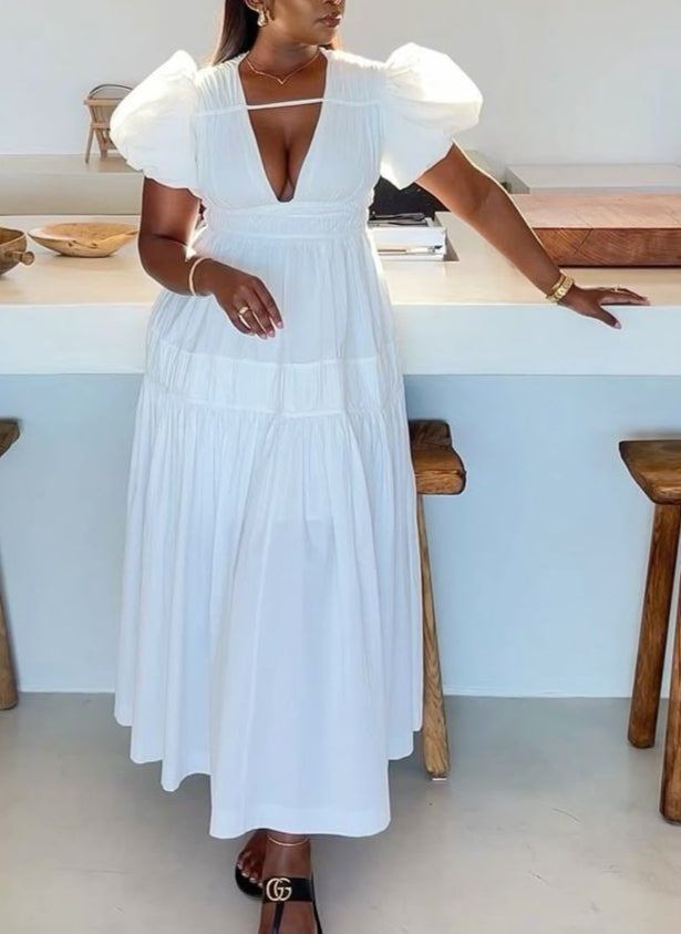 Puff Sleeve Deep V Neck Fitted Waist Ruched Midi Dress