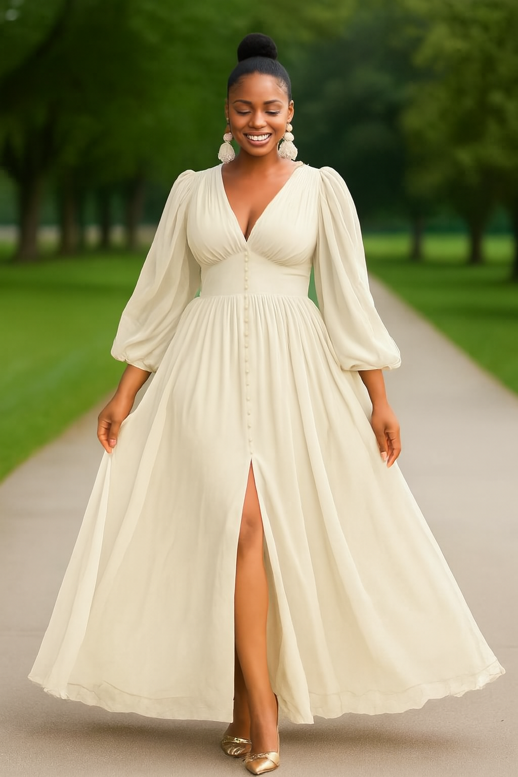 Elegant Puff Sleeve Chiffon Slit Maxi Dress
