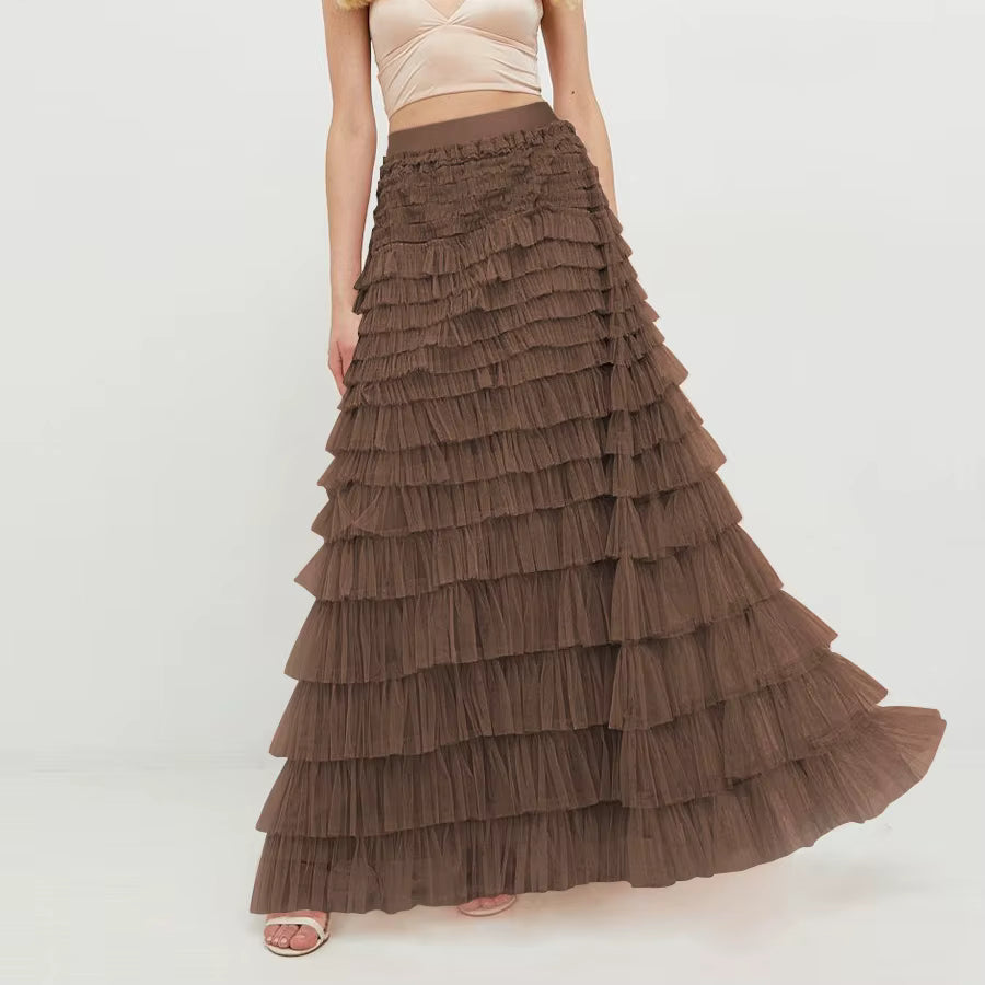 Multilayered Ruffle Mesh Long Skirt
