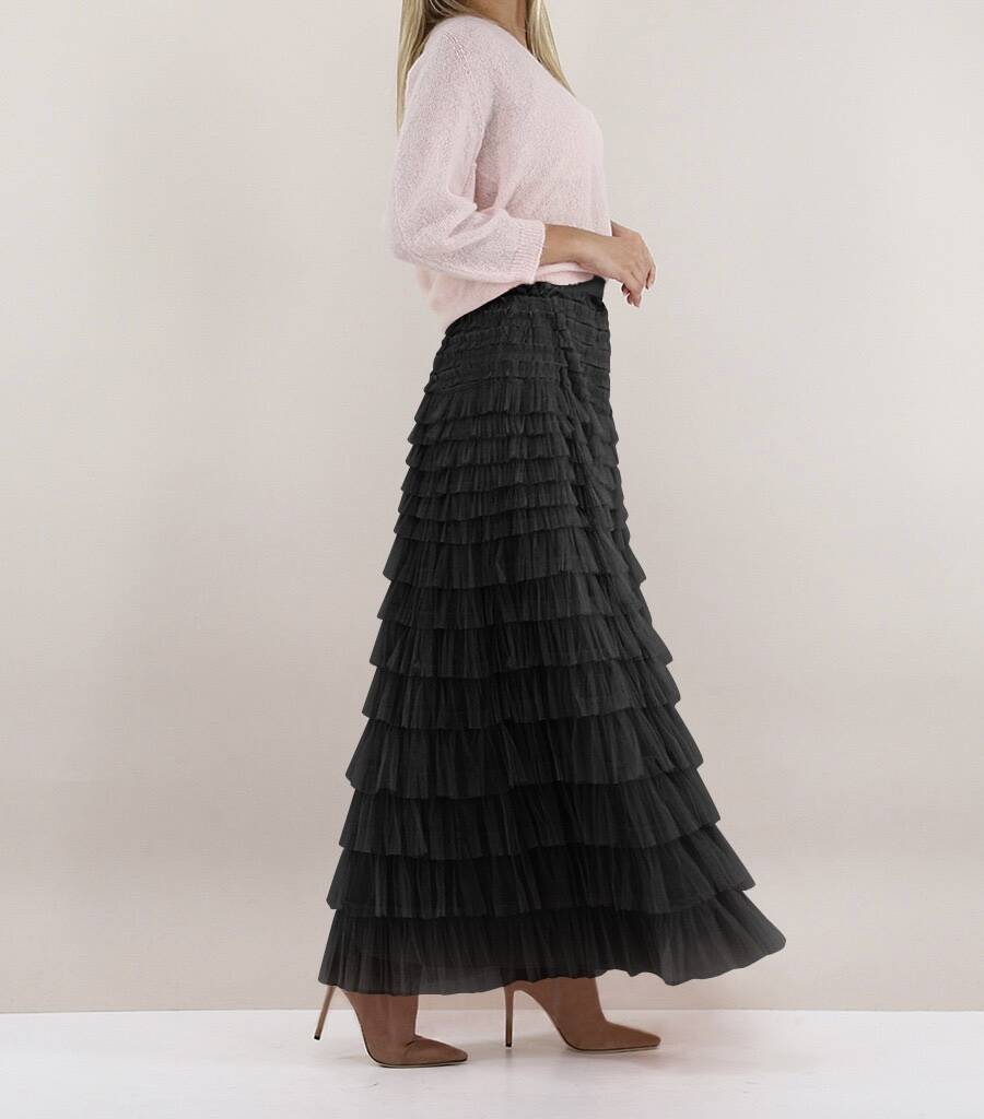 Multilayered Ruffle Mesh Long Skirt