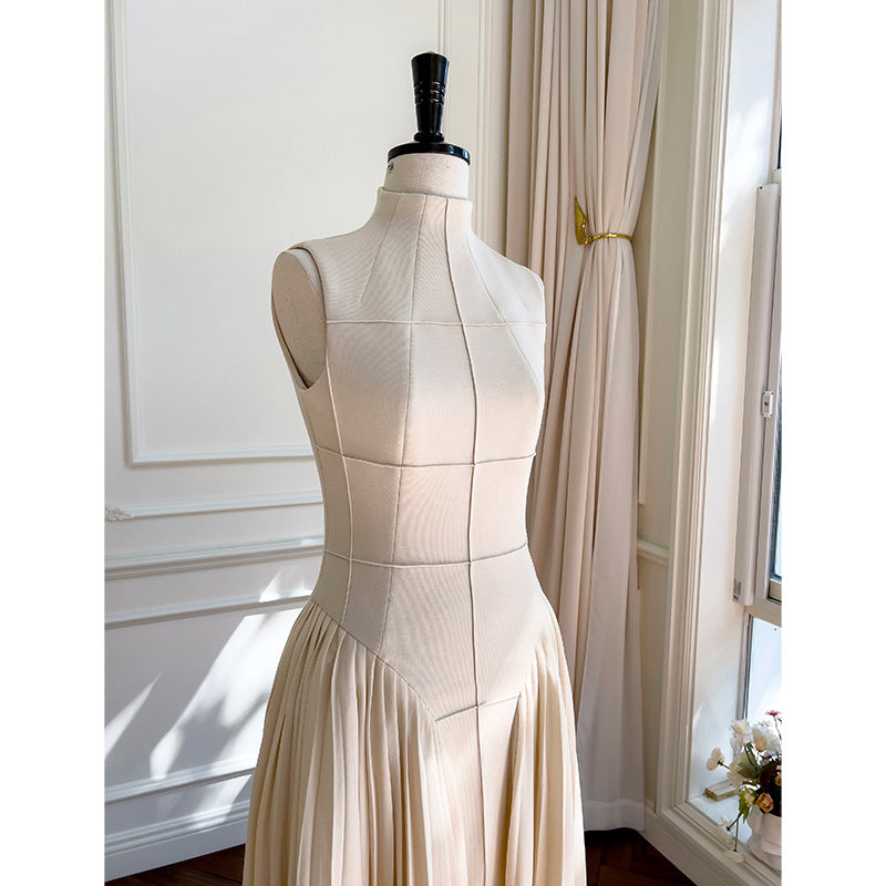 Pleated Patchwork Structured Maxi Dress