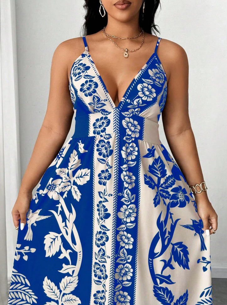 Vacation Casual Spaghetti Strap Retro Printed Dress
