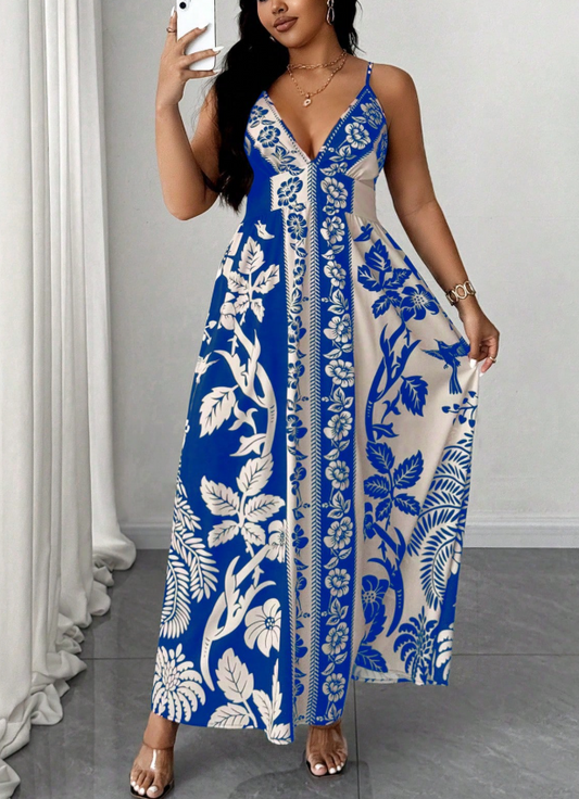 Vacation Casual Spaghetti Strap Retro Printed Dress