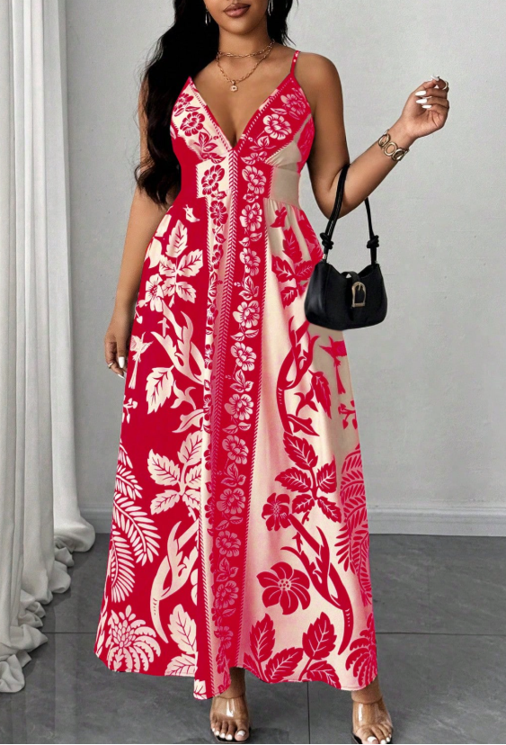 Vacation Casual Spaghetti Strap Retro Printed Dress