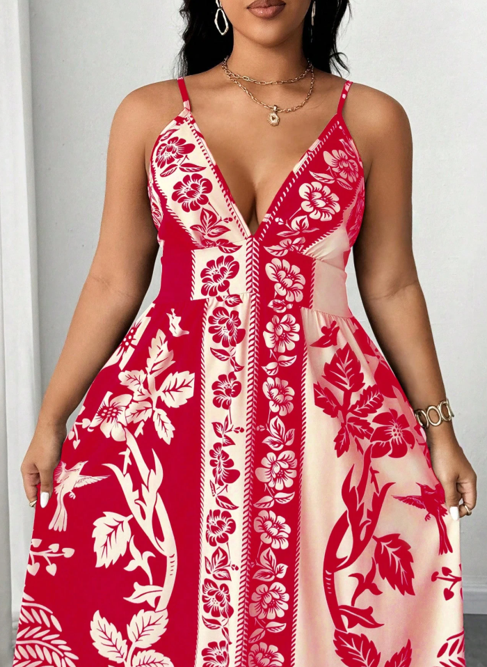 Vacation Casual Spaghetti Strap Retro Printed Dress