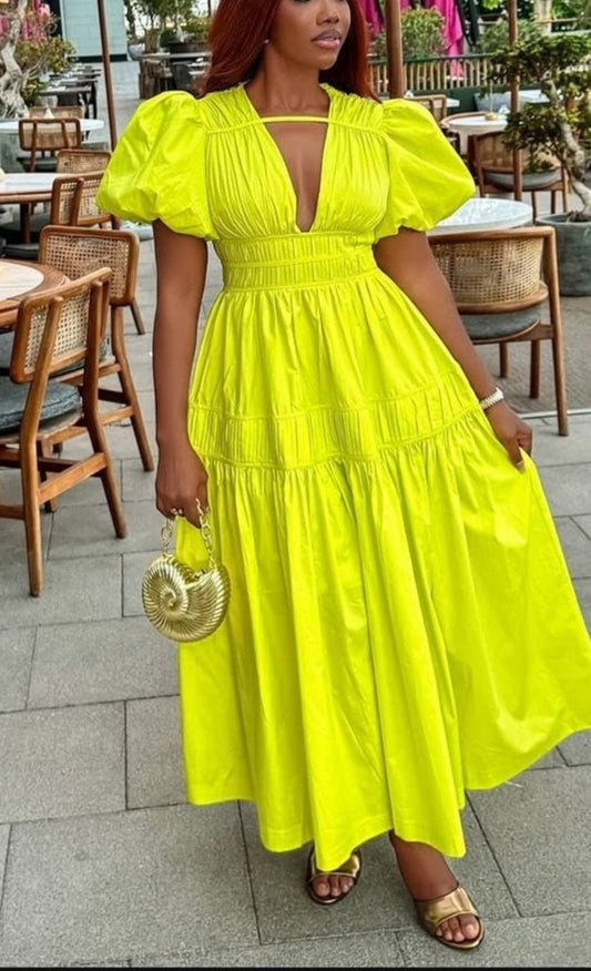 Puff Sleeve Deep V Neck Fitted Waist Ruched Midi Dress