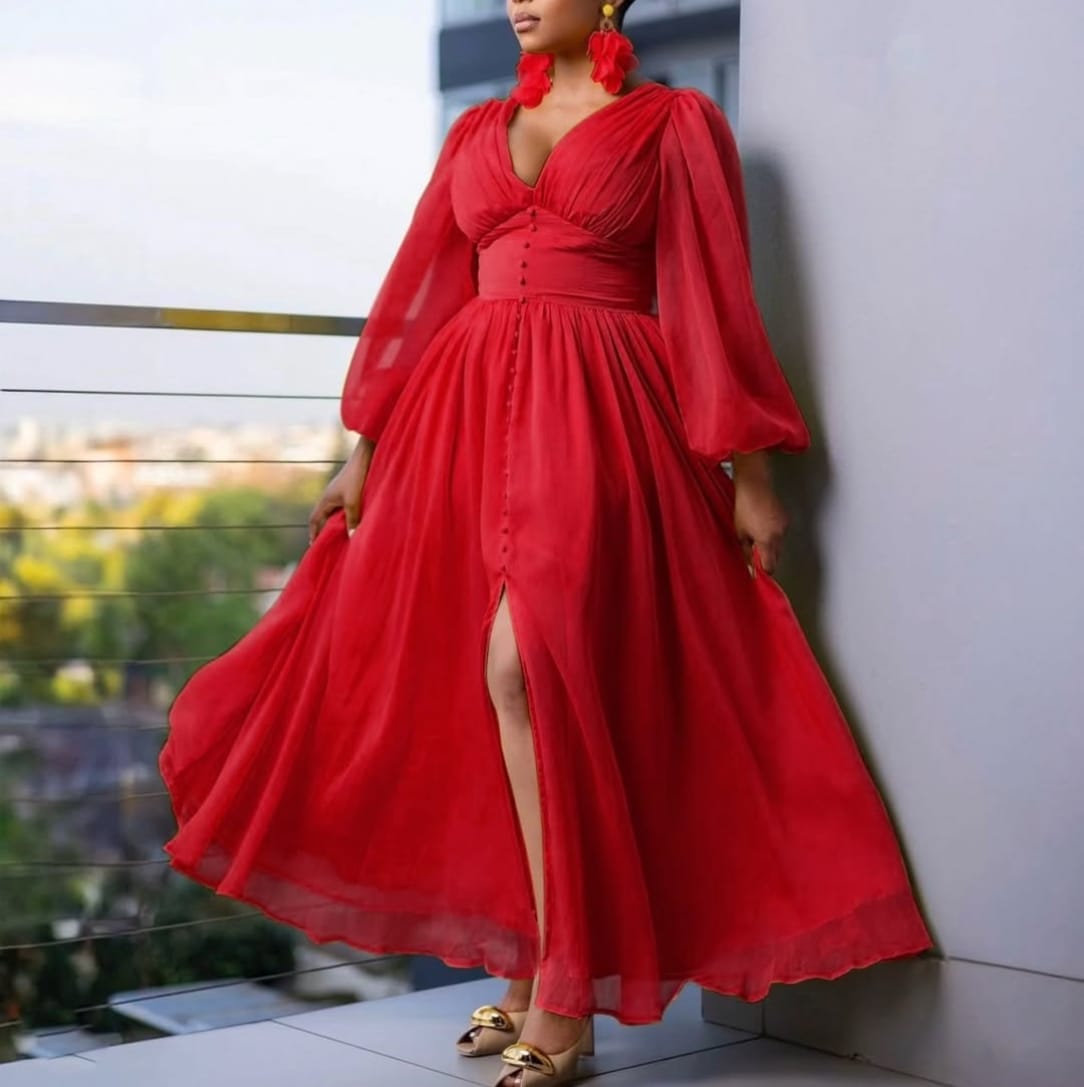 Elegant Puff Sleeve Chiffon Slit Maxi Dress
